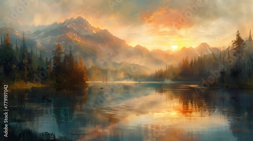 Impressionistic Lake Sunrise, generative ai © Matus