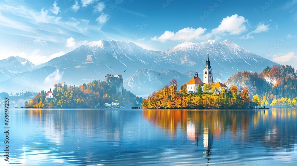 A panoramic view of Lake Bled in autumn, lake landscape nature mountains sky panorama.