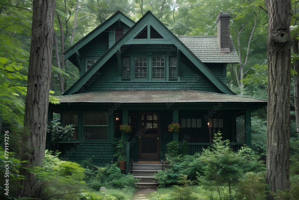 A mysterious craftsman cottage exterior painted in deep forest green, blending seamlessly with the surrounding woods.