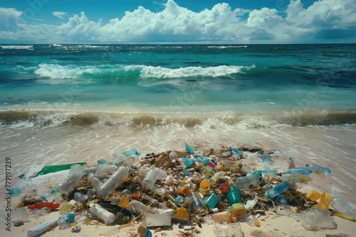 A beach covered in trash, specifically plastic bottles, with the ocean in the background and a cloudy sky.