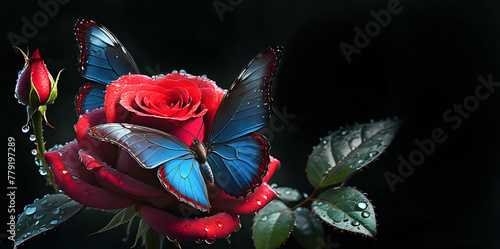 red rose in dew drops and and tropical morpho butterfly on black. copy space