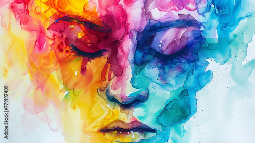 Woman's face abstract watercolor illustration on the paper with copy space. Different of Emotions. Emotional health, psychology. Depression, bipolar disorder, anger, aggressive, headache.
