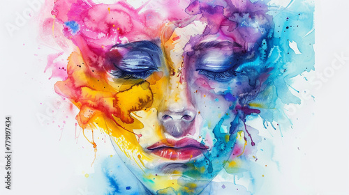 Woman's face abstract watercolor illustration on the paper with copy space. Different of Emotions. Emotional health, psychology. Depression, bipolar disorder, anger, aggressive, headache.