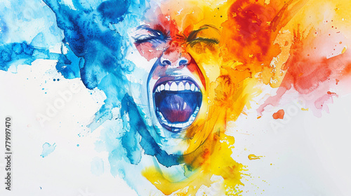 Woman's face abstract watercolor illustration on the paper with copy space. Different of Emotions. Emotional health, psychology. Depression, bipolar disorder, anger, aggressive, headache.