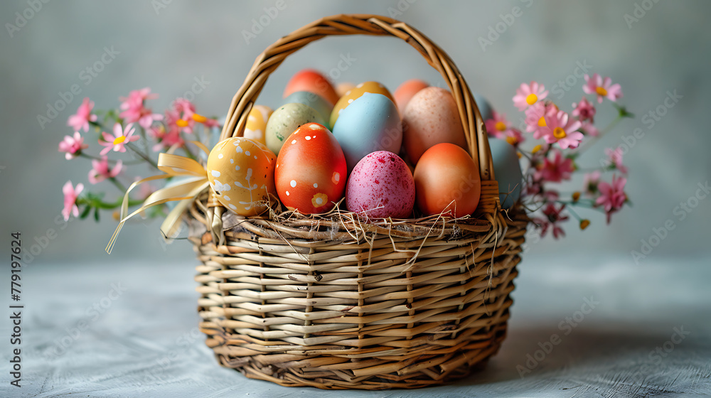 Colorful Easter eggs in an easter basket