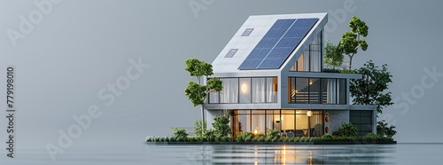 Smart home with solar panels and digital elements on a grey background, illustrating green energy technology concept. photo