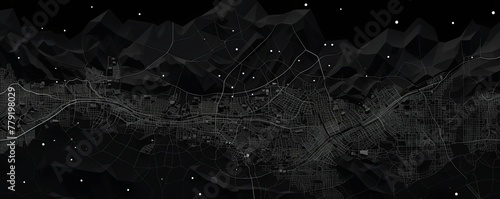 Black and white pattern with a Black background map lines sigths and pattern with topography sights in a city backdrop