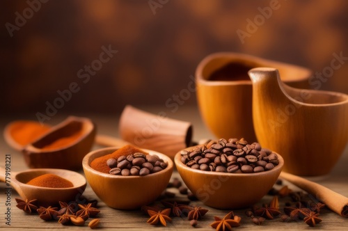 Coffee beans with spices on a brown vintage backgroun