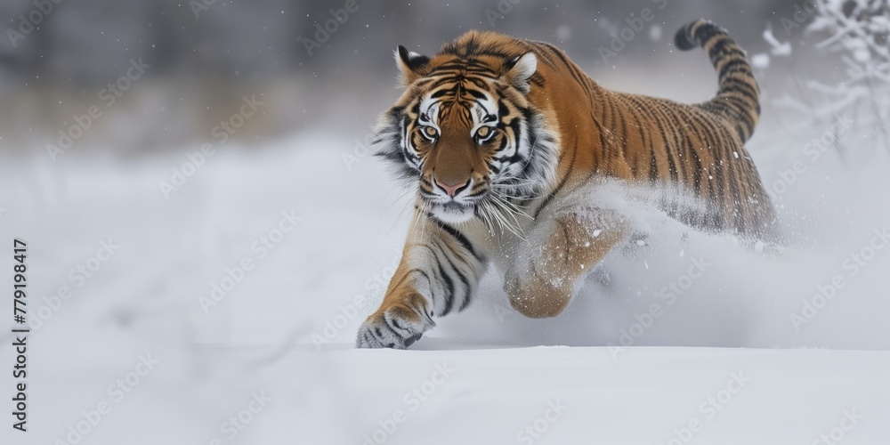 Obraz premium Action Wildlife Photography, Powerful Tiger Leaping in Snowy Landscape,