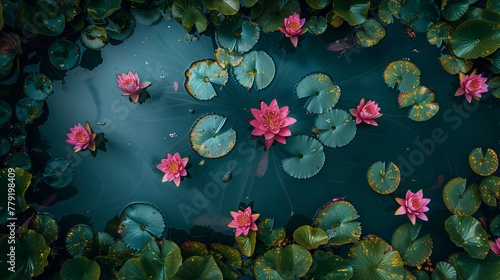 Serene Lotus Pond with Perfectly Aligned Blooms, generative ai