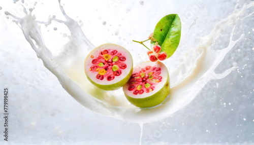 Visual Representation of the Moment a Falling Guavaberry Collides with Water and Milk, Transformed into an Artistic Scene. Slices and Splashes.