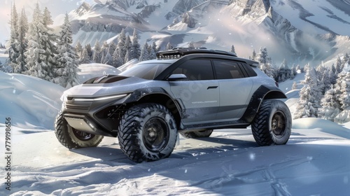 Futuristic Off-Road Vehicle in Snowy Mountain Terrain © Emiliia