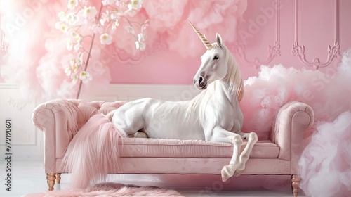 Fototapeta Naklejka Na Ścianę i Meble -  A white unicorn lies gracefully on a pink Chesterfield sofa surrounded by ethereal clouds, creating a magical and whimsical atmosphere. Generative AI