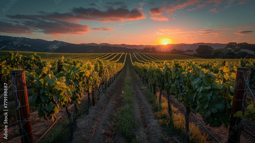 Twilight Tranquility: Rows of Grapevines at Sunset, generative ai