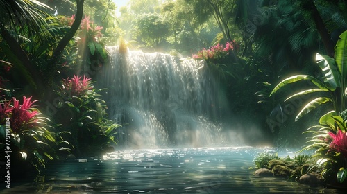 Magical Discovery  Sunlit Waterfall in Secluded Paradise  generative ai