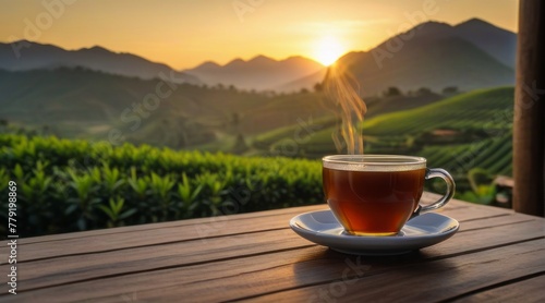 Cup of hot tea with sacking on the wooden table and the tea plantations background