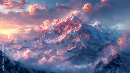 High Altitude Drama: Snowy Peaks and Rosy Light, generative ai © Matus