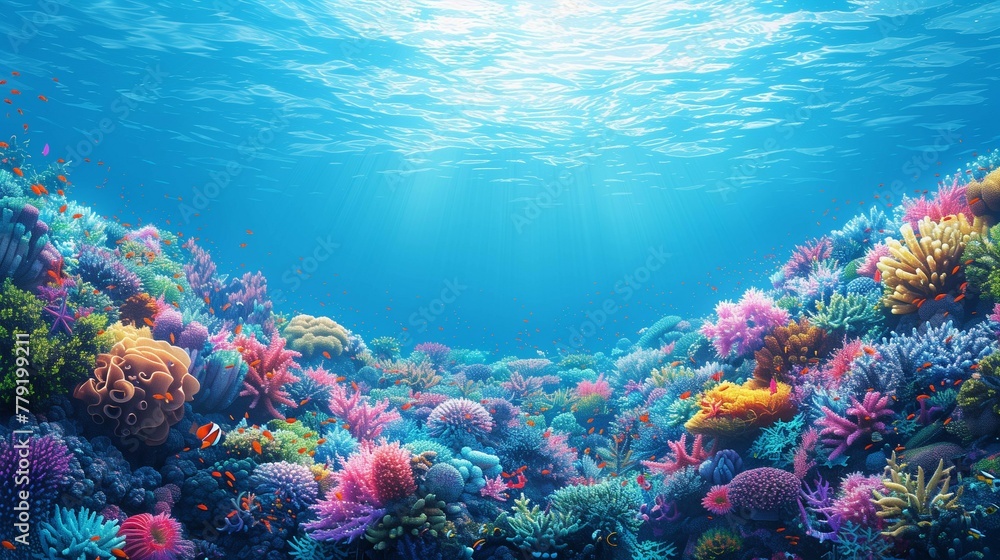 Fototapeta premium Teeming Life in the Blue Ocean: Coral Reef Diversity, generative ai