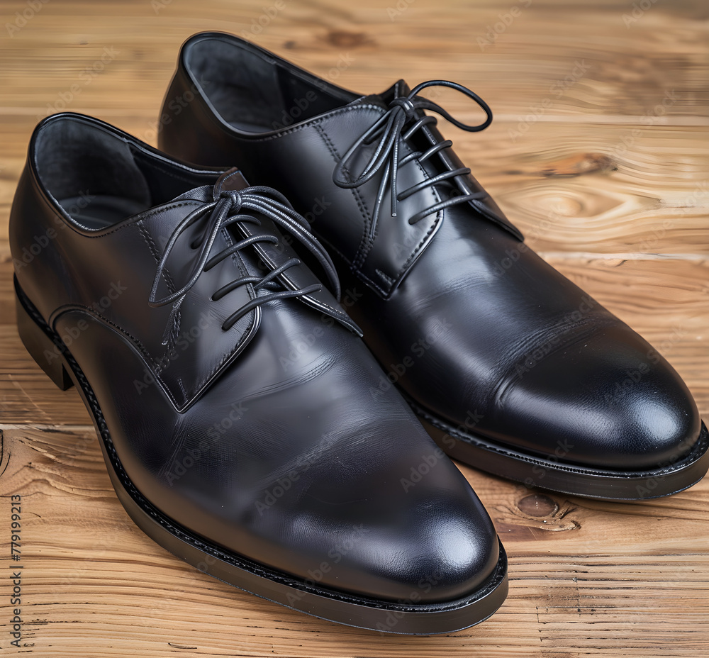 pair of black leather  shoes on wooden background