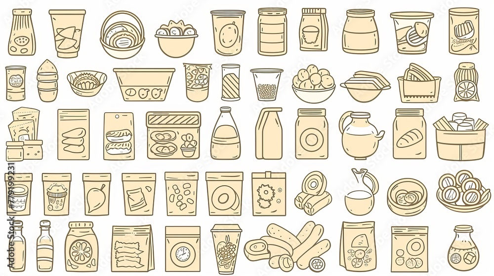food set in packaging. Different package outline doodle drawn icon collection