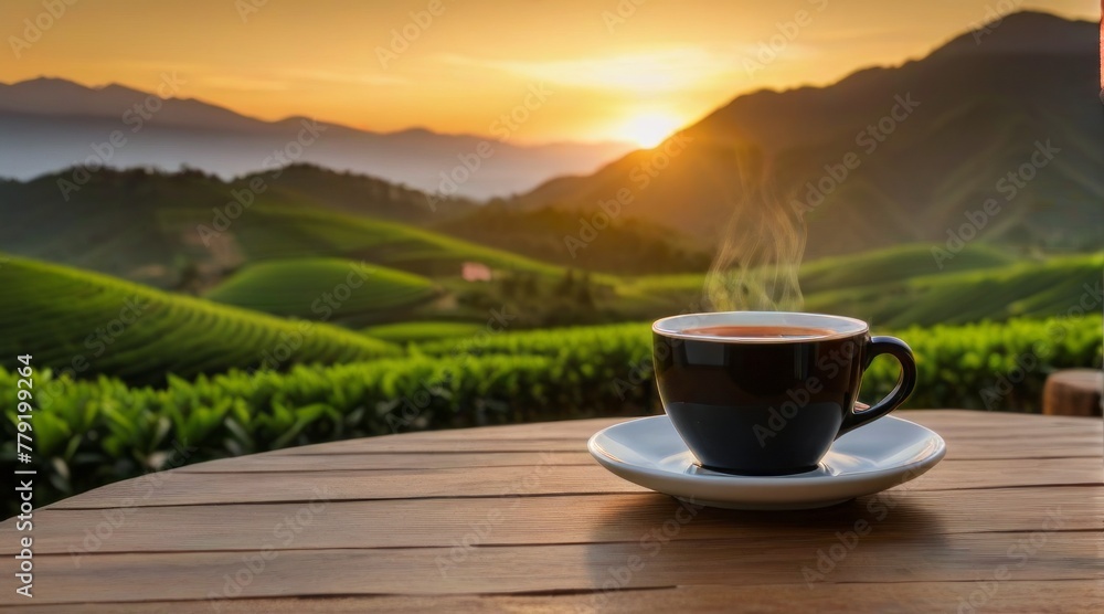 Cup of hot tea with sacking on the wooden table and the tea plantations background Cup of hot tea with sacking on the wooden table and the tea plantations background