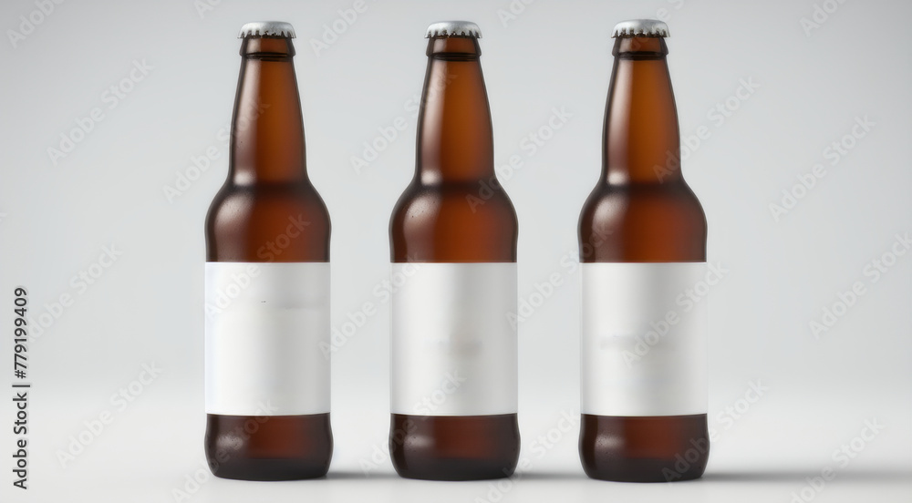 Three beer bottles with blank labels ready for branding on a white background. Three beer bottles with blank labels ready for branding on a white background.