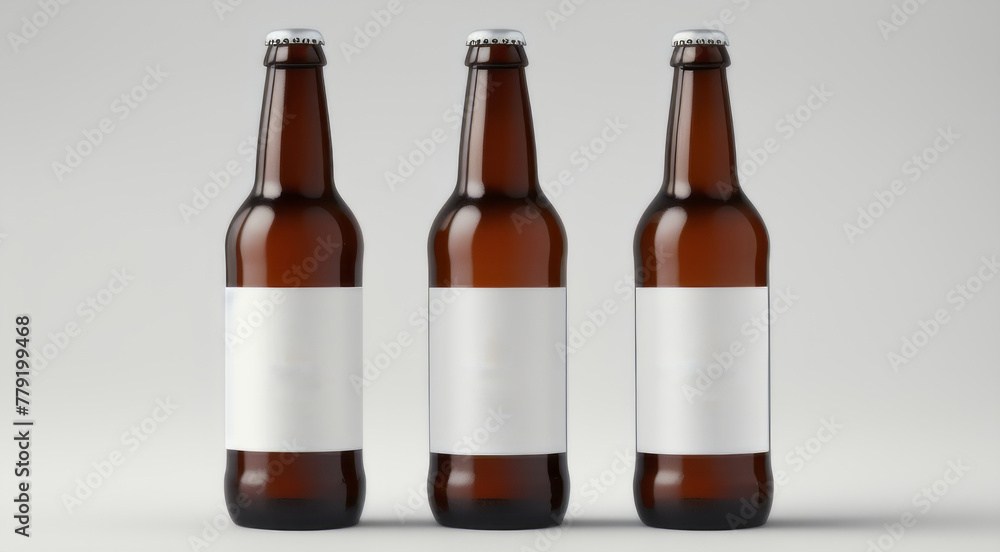 Three beer bottles with blank labels ready for branding on a white background. Three beer bottles with blank labels ready for branding on a white background.