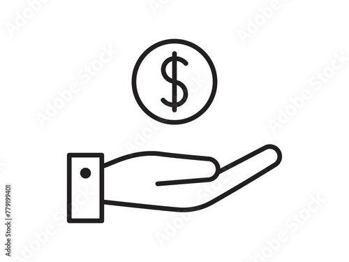 Coin on hand, money icon for business. Simple symbol line flat design.