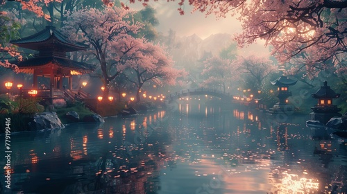 Fleeting Beauty of Spring: Misty Japanese Garden, generative ai © Matus