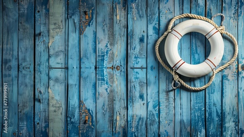Nautical design with life jacket on wooden background. photo