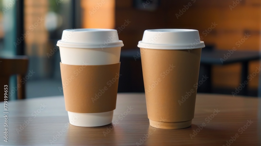 two paper coffee cups on a table, Paper cup of coffee on a wooden table in a coffee shop. Space for text and design two paper coffee cups on a table, Paper cup of coffee on a wooden table in a coffee shop. Space for text and design