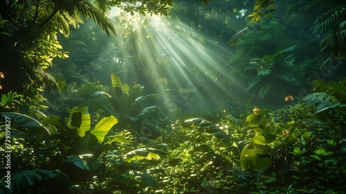 Dawn's Delight: Illuminated Rainforest Flora and Fauna, generative ai