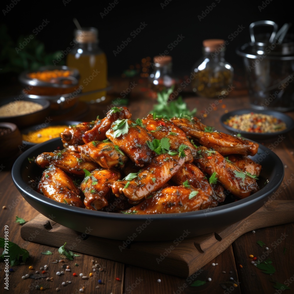 A picture Indian Cuisine Baked Chicken Wings in pain on table Generative AI