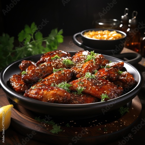 An image Indian Cuisine Baked Chicken Wings in pain on table Generative AI