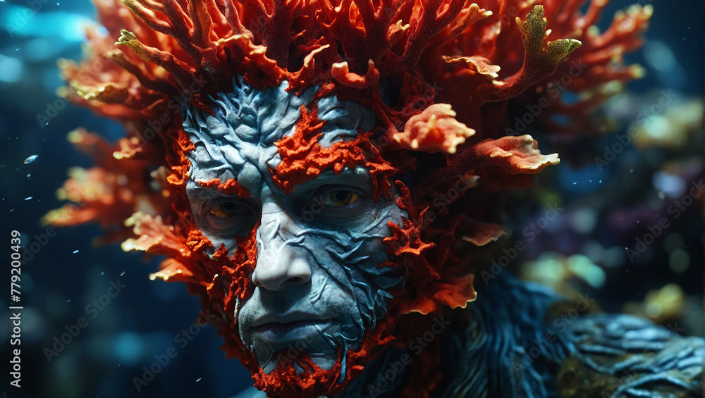 Phantasievolles Gesicht eines neptunartigen, männlichen Gesichts aus Korallen unter Wasser