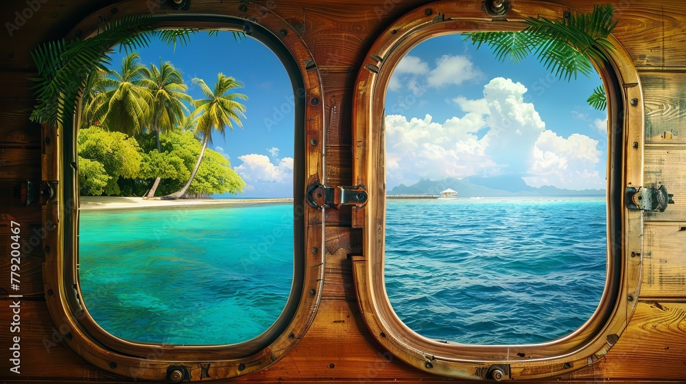 Two ship windows overlooking an island or tropical sea. Travel and adventure concept - obrazy, fototapety, plakaty 