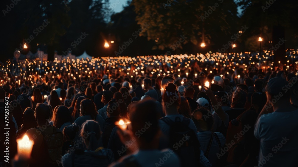 People sing the national anthem and hold candles at night, - obrazy, fototapety, plakaty 