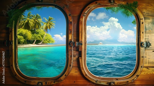 Two ship windows overlooking an island or tropical sea. Travel and adventure concept