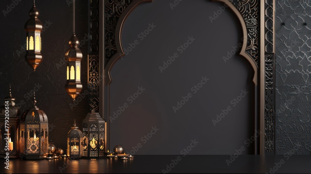 3d render, white mosque and lanterns, golden lanterns and crescent moon, white background ,Muslim holiday Ramadan Kareem concept.