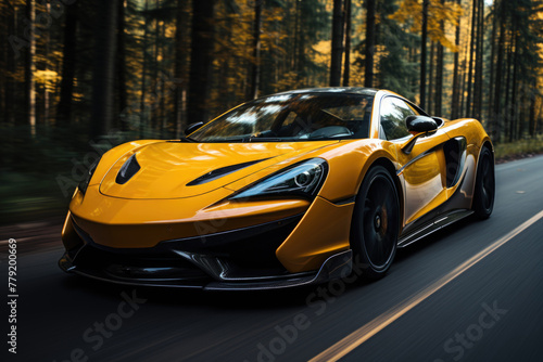 An image of Yellow sport car with black auto tuning on the road Generative AI photo