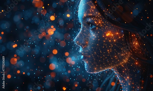 Profile of a woman's head with a glowing brain and a starry sky background photo