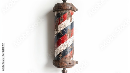 Isolated on a white background, an vintage and worn barbershop pole with red and white stripes