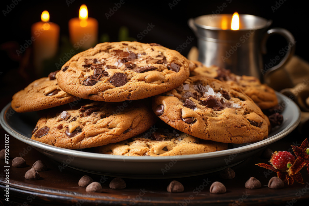 Chocolate chip cookies biscuit in plate with candles glowing Generative AI