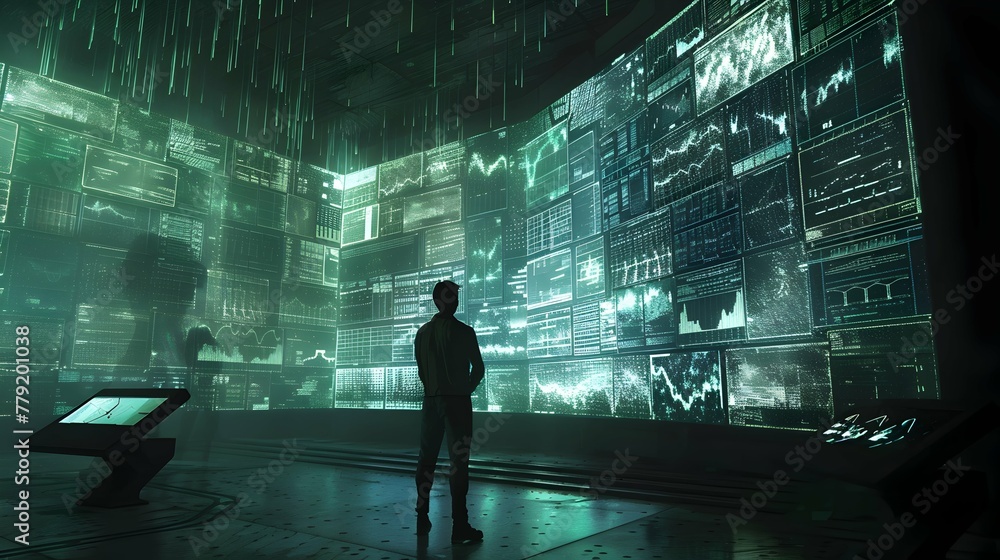 Fototapeta premium Lone man stands contemplating in a massive high-tech data center, surrounded by screens displaying complex data.