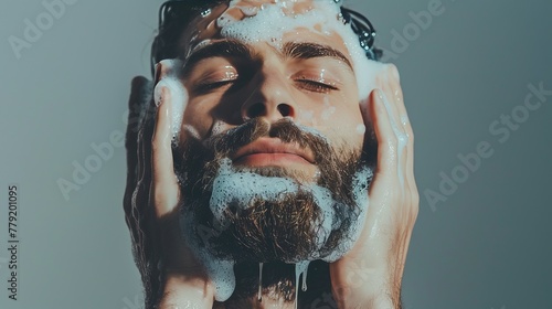 Young bearded man with eyes closed washes his face with foam. isolated on grey photo