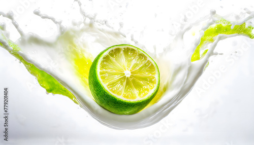 Visual Representation of the Moment a Falling Lime Collides with Water and Milk, Transformed into an Artistic Scene. Slices and Splashes.