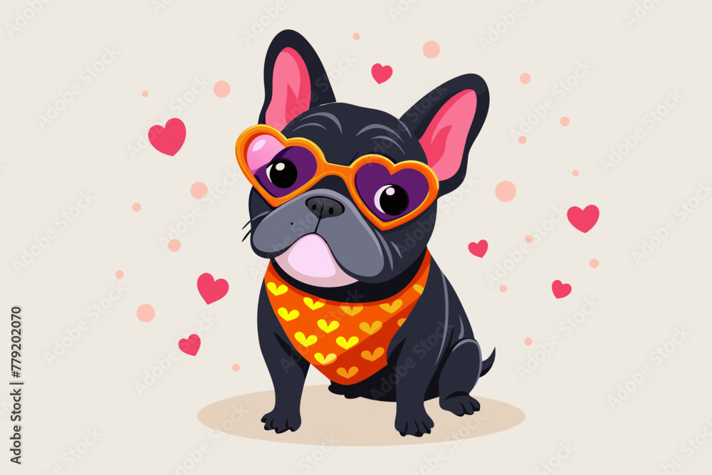black French bulldog wearing orange sunglasses . The background is white with pink hearts and squiggles vector illustration