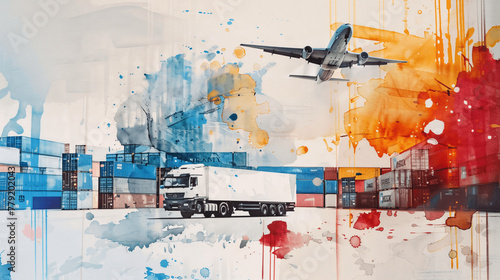 water colored logistic profile with shipping containers truck,plane, truck with less colors