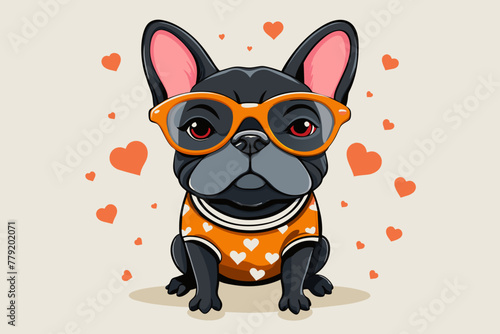 black French bulldog wearing orange sunglasses . The background is white with pink hearts and squiggles vector illustration