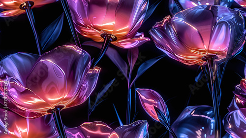abstract tulips or flowers pattern, iridicent, holographic colors, on black background #779202076